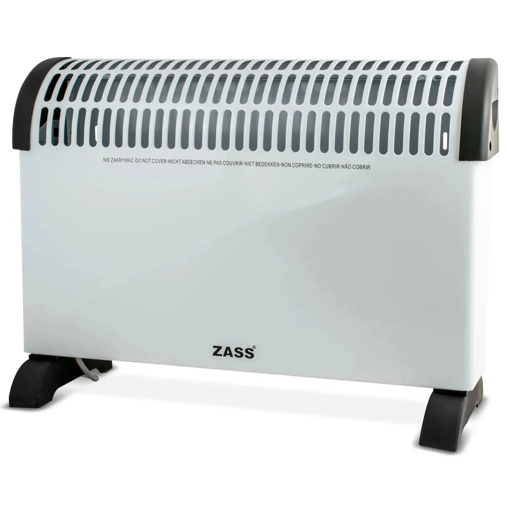 Convector electric Zass ZKH 08, 3 trepte, 2000 W, 550 x 340 x 200 mm, termostat reglabil, reglare continua a temperaturii, amplasabil pe perete sau pe podea, protectie la supraincalzire, alb