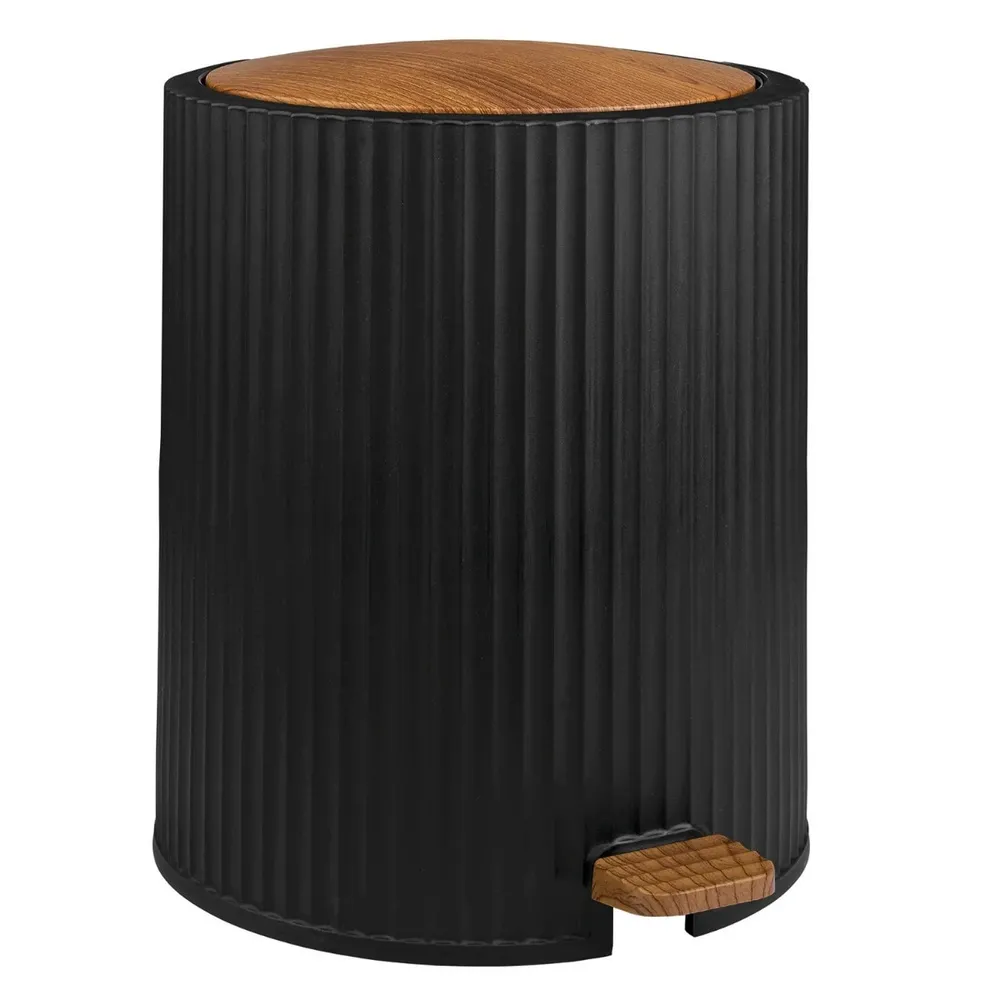 Cos de gunoi cu pedala, Okyanus Home Coliseum OKY-453-3, plastic, forma cilindrica, negru + lemn, 5 L