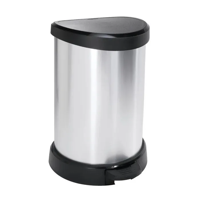 Cos de gunoi cu pedala si capac batant, Curver Deco Metal 169795, plastic, forma cilindrica, gri, 15 L