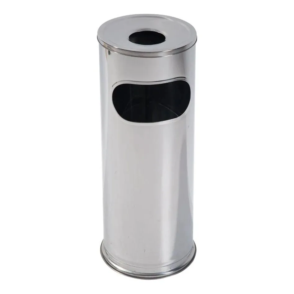Cos de gunoi cu scrumiera pentru exterior, Plastor, D 20.5 cm, inox, forma cilindrica, cromat, 12 L