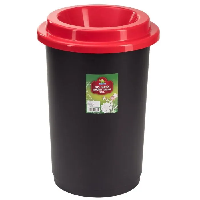 Cos de gunoi Plastina, capac rosu, plastic, cilindric, 50 L, negru