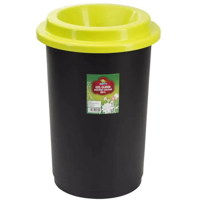 Cos de gunoi, Plastina, pentru colectare selectiva, cu capac verde, plastic, forma cilindrica, negru, 50 L