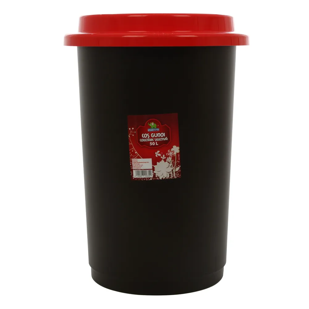 Cos gunoi din plastic, capacitate 50L, folosit pentru colectare selectiva, forma cilindrica, culoare negru, cu capac rosu