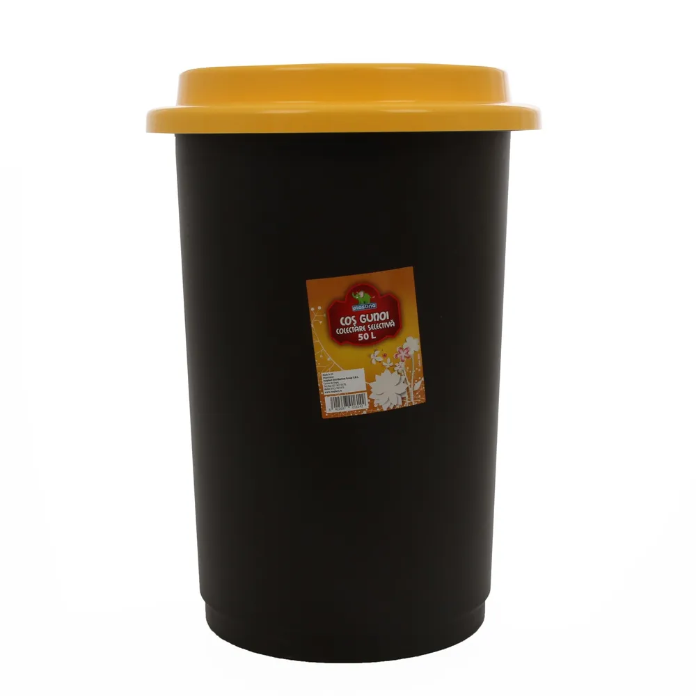 Cos gunoi din plastic, capacitate 50L, folosit pentru colectare selectiva, forma cilindrica, culoare negru, cu capac galben