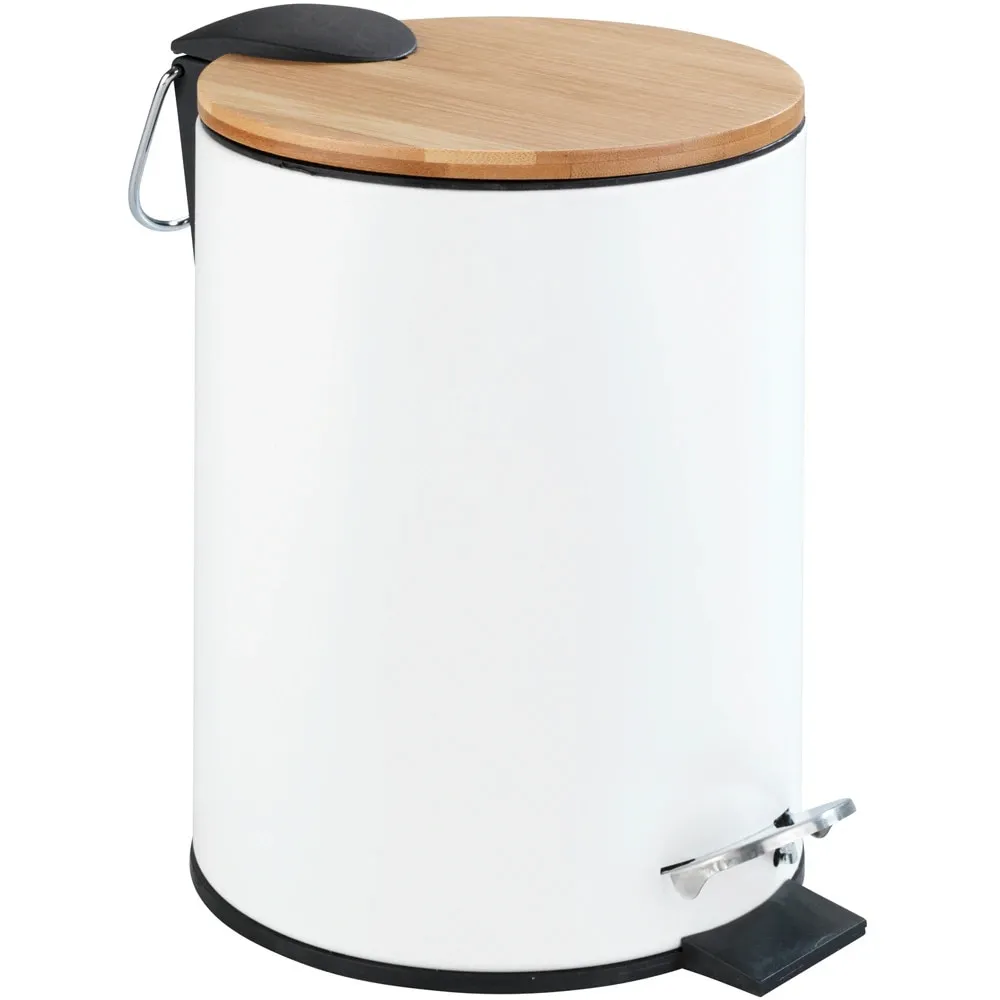 Cos gunoi pentru baie WENKO Tortona, 3 l, rotund, inox/bambus, alb-maro