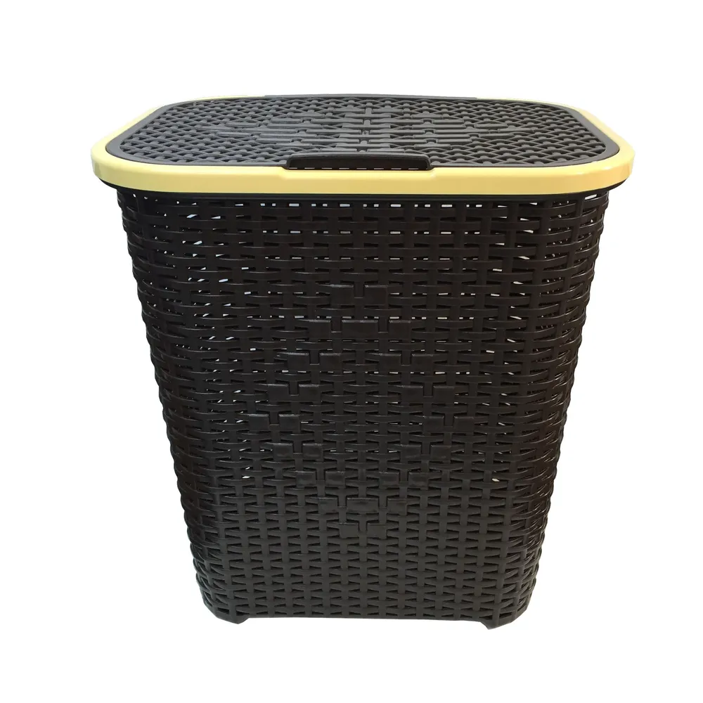 Cos pentru rufe cu aspect de ratan, cu capac inclus, culoare maro, capacitate 65 L, dimensiune 45.5 x 33 x 52