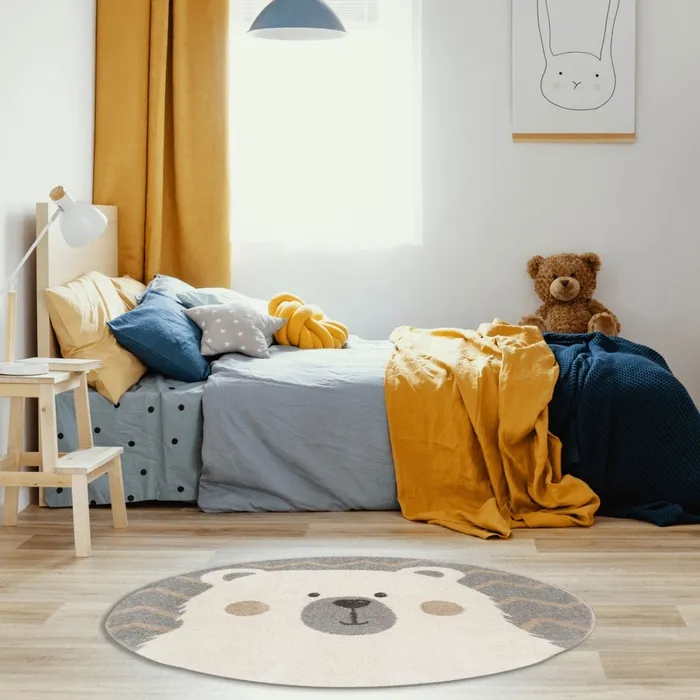 Covor camera copii Velutto 40012/YC9-D, 133 x 133 cm, polipropilena frize, alb + gri, rotund