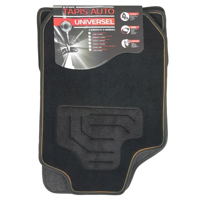 Covorase auto Custo Pol Twin, universale, mocheta, 65 x 45 / 33 x 45 cm, negru, cu bordura portocalie, set 4 bucati
