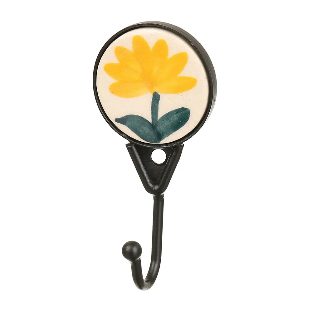 Cuier autoadeziv, model floare, o agatatoare simpla, portelan si metal, 4 cm, galben