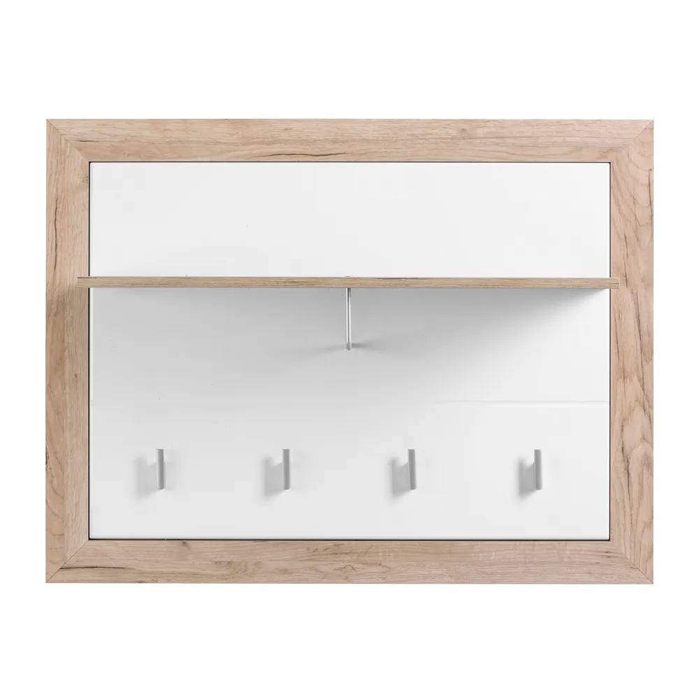 Cuier hol pentru perete IMK cu 5 agatatori si polita, stejar gri + folie lucioasa alba, 93 x 24 x 71 cm