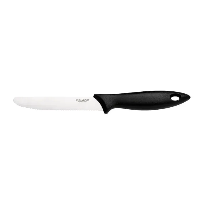 Cutit cu lama zimtata, Fiskars Essential, inox, maner plastic, 12 cm