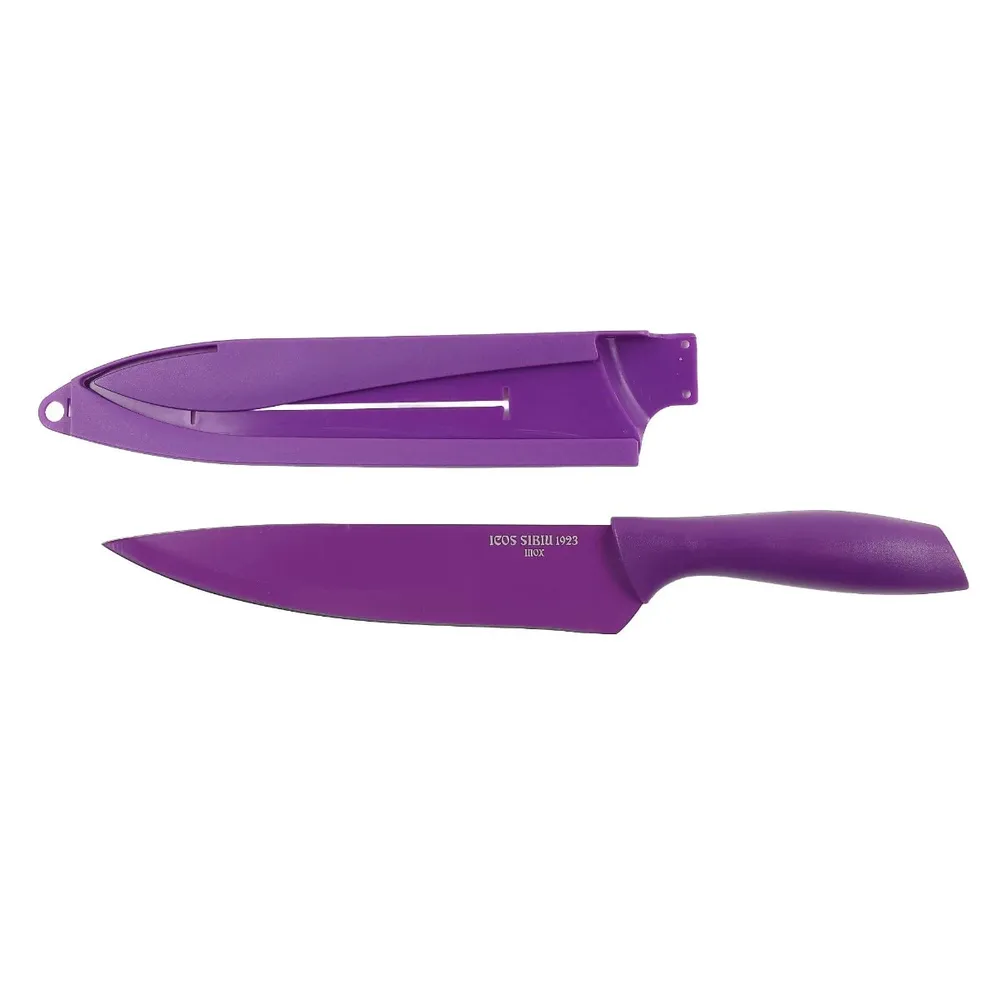 Cutit pentru feliat Icos JJ16092, maner plastic, mov, lama 19 cm, cu teaca protectie
