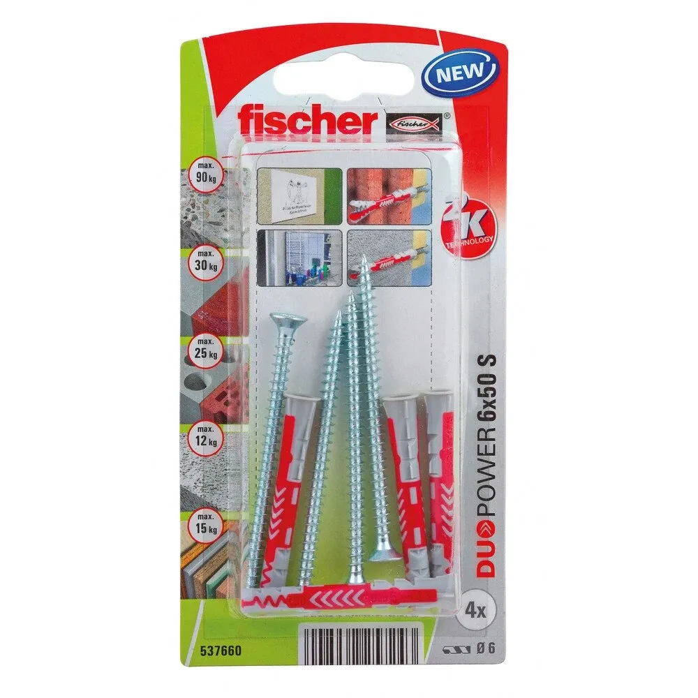 Diblu universal, din nylon, 6 x 50 mm, Fischer Duopower, cu surub, 4.5 x 60 mm, cu cap inecat, PZ2, set 4 bucati
