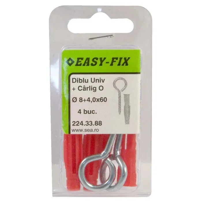 Diblu universal din nylon, 8 x 50 mm, cu surub cu carlig ochi inchis, 4 x 60 mm, set 4 bucati