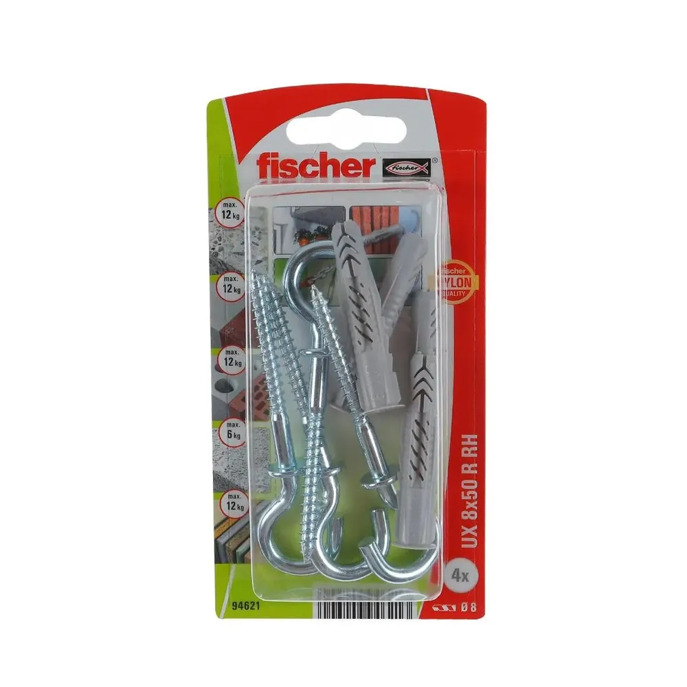 Diblu universal din nylon, cu surub cu carlig ochi deschis, Fischer UX, 8 x 50 mm, set 4 bucati
