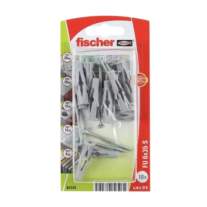 Diblu universal din nylon, cu surub, Fischer FU 6, 6 x 35 mm, set 10 bucati
