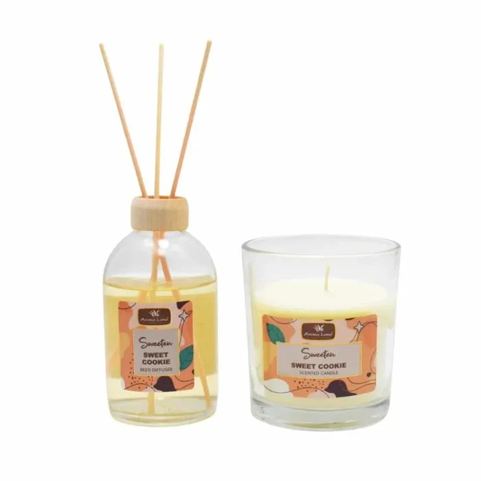 Difuzor parfum cu betisoare + lumanare parfumata, Biscuiti dulci, Aroma Land, 100 ml