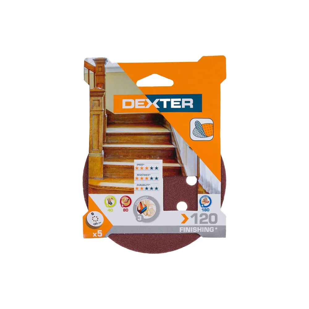 Disc abraziv Dexter, pentru slefuitor cu excentric, Ø 125 mm, granulatie 120 (set 5 buc)