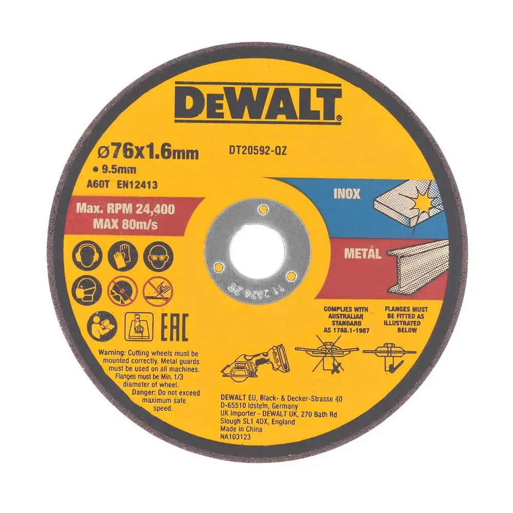 Disc debitare inox / metale neferoase, DeWalt DT20592-QZ, 76 x 10 x 1.6 mm, set 3 bucati
