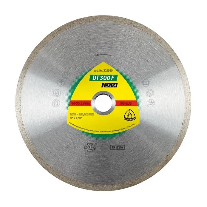 Disc diamantat, continuu, pentru debitare placi ceramice, Klingspor DT 300 F Extra, 230 x 22.23 x 1.90 mm