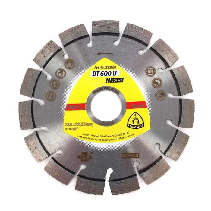 Disc diamantat, cu segmente, pentru debitare materiale de constructii, Klingspor DT 600 U Supra, 125 x 22.23 x 2.4 mm