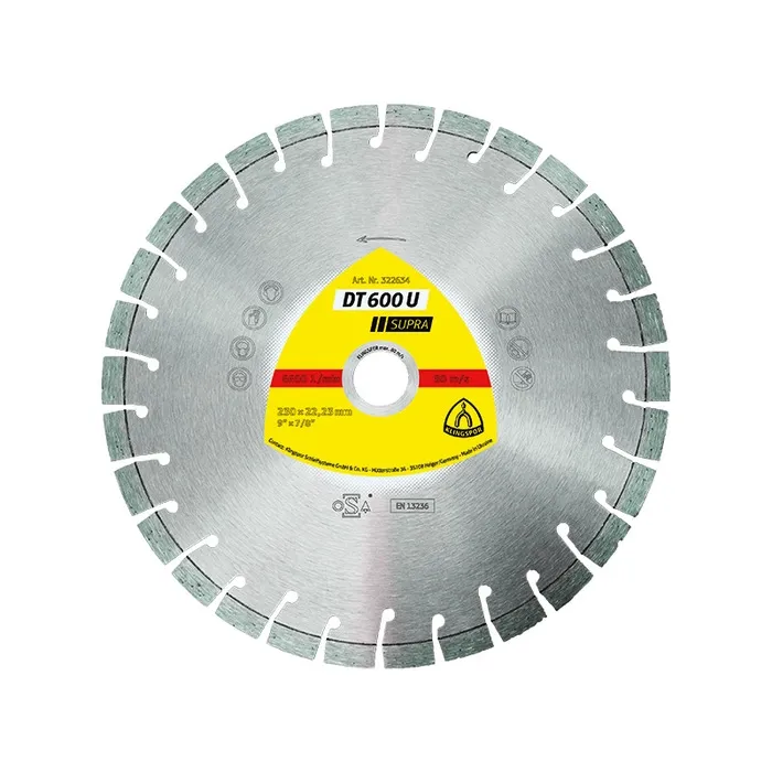 Disc diamantat, cu segmente, pentru debitare materiale de constructii, Klingspor DT 600 U Supra, 230 x 22.23 x 2.6 mm
