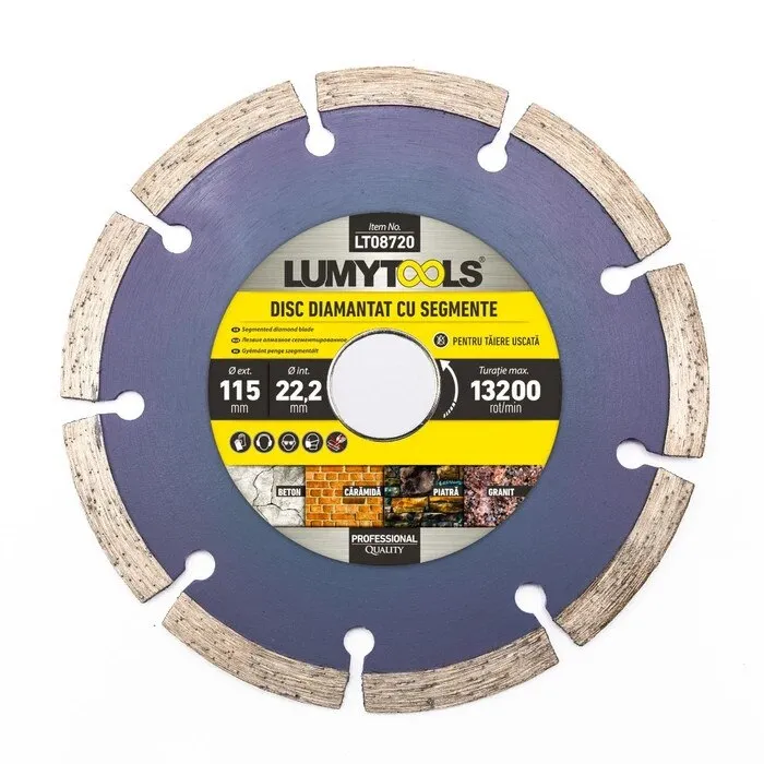 Disc diamantat, cu segmente, pentru debitare materiale de constructii, Lumytools LT08720, 115 x 22.2 x 2 mm