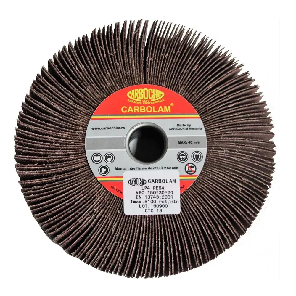 Disc lamelar, pentru slefuire lemn / metale / materiale constructii, cu tija, Carbochim, 150 x 30 x 20 mm, granulatie 80