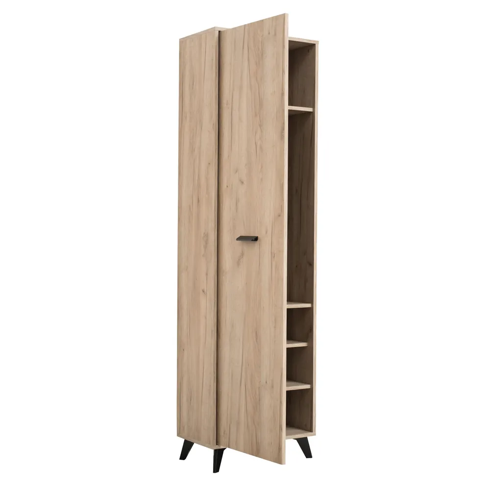 Dulap cuier hol MMB P1, cu o agatatoare si rafturi, stejar gri si negru, o usa, 535 x 350 x 1920 mm