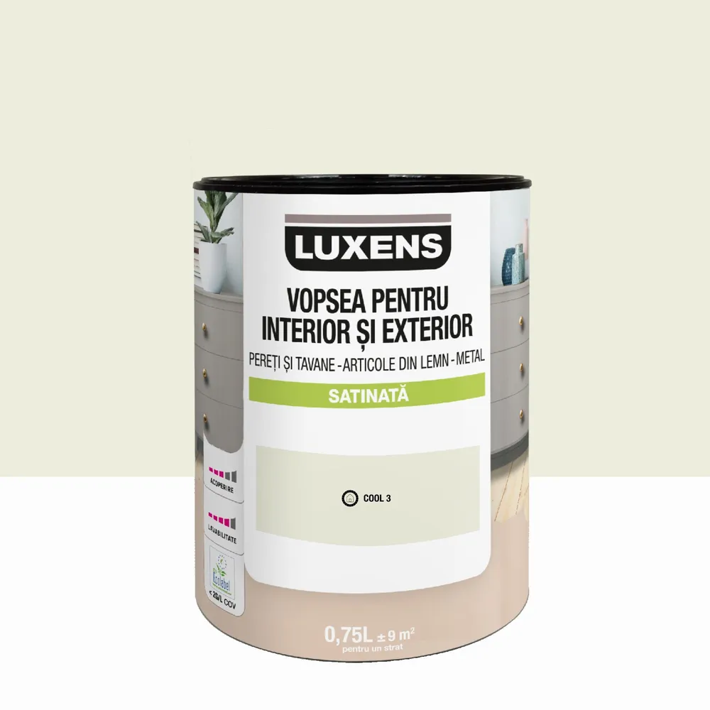 Email pe baza de apa Luxens, pentru pereti si tavane, lemn si metal, Cool3, aspect satinat, 0.75 L
