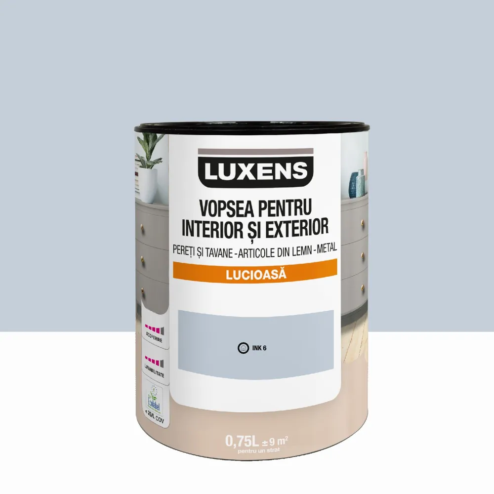 Email pe baza de apa Luxens, pentru pereti si tavane, lemn si metal, Ink6, aspect lucios, 0.75 L