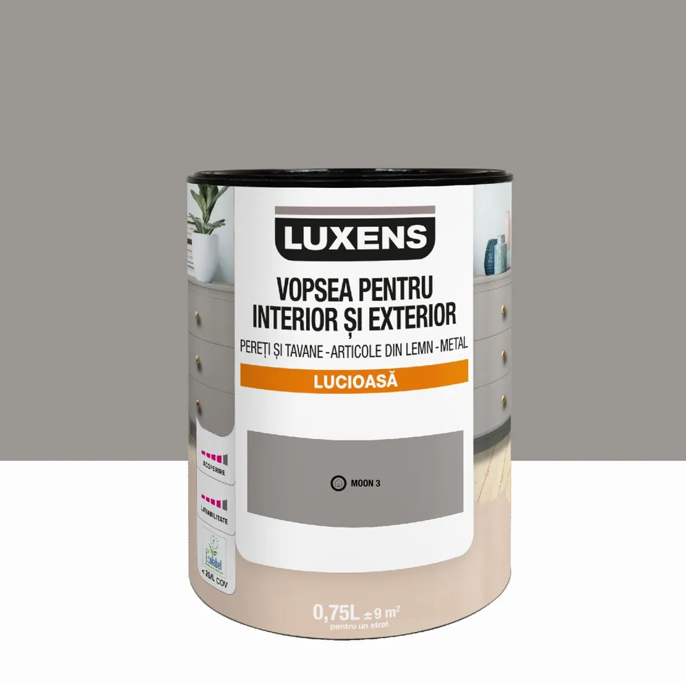 Email pe baza de apa Luxens, pentru pereti si tavane, lemn si metal, Moon3, aspect lucios, 0.75 L
