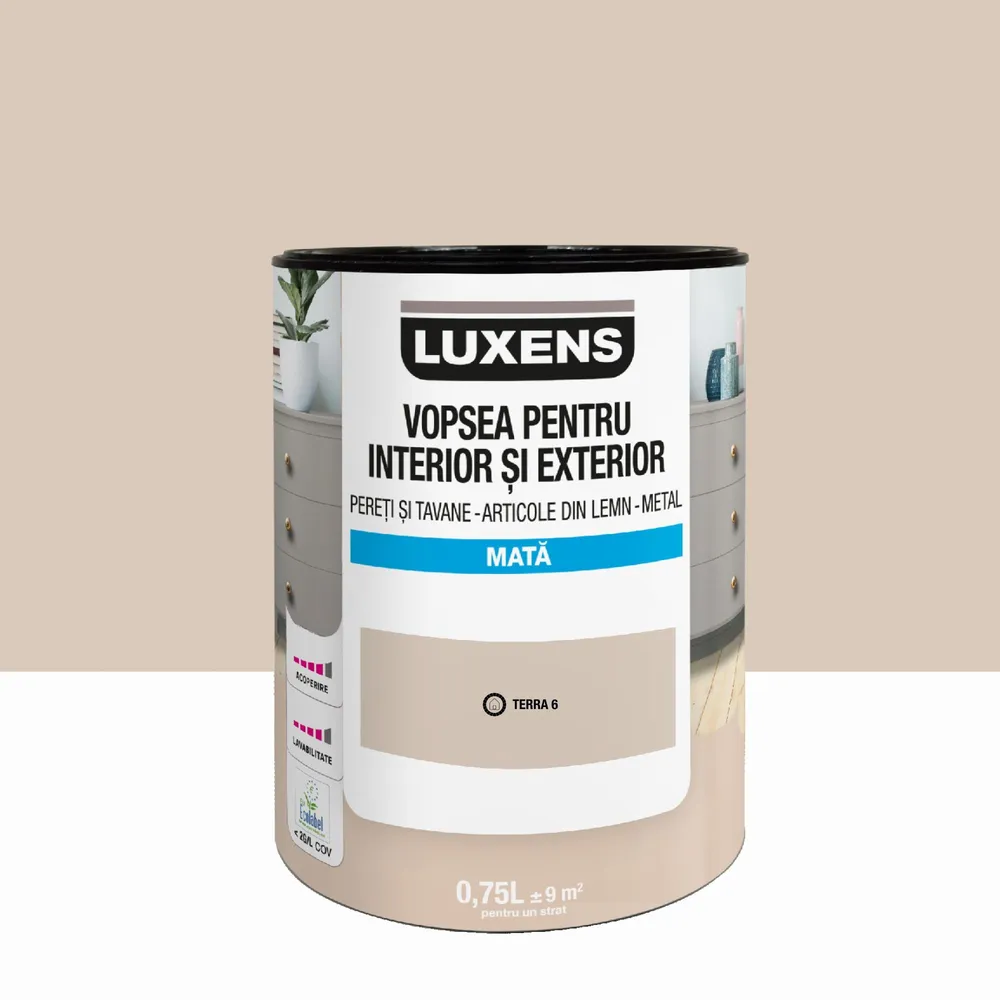 Email pe baza de apa Luxens, pentru pereti si tavane, lemn si metal, Terra6, aspect mat, 0.75 L