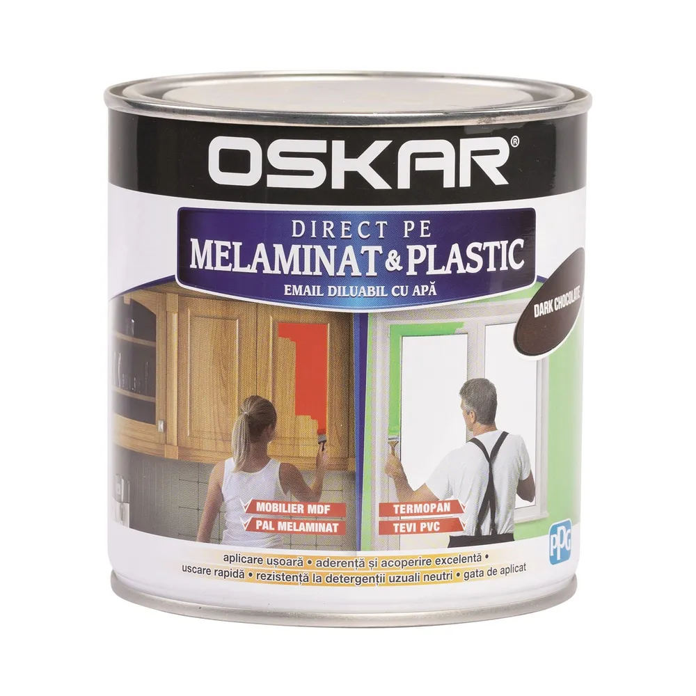 Email pe baza de apa Oskar Direct pe Melaminat si Plastic, ciocolatiu, aspect satinat, 0.6 L