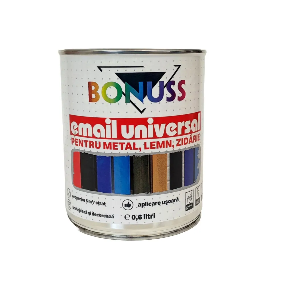 Email pe baza de solvent Bonuss, pentru lemn, metal si zidarie, negru, aspect satinat, 0.6 L