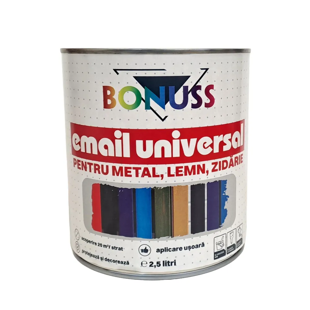 Email pe baza de solvent Bonuss, pentru lemn, metal si zidarie, rosu oxid, aspect satinat, 2.5 L