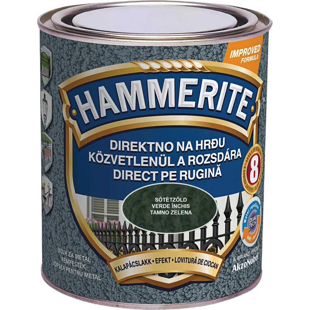 Email pe baza de solvent Hammerite, pentru metal, verde, aspect lovitura de ciocan, 0.75 L