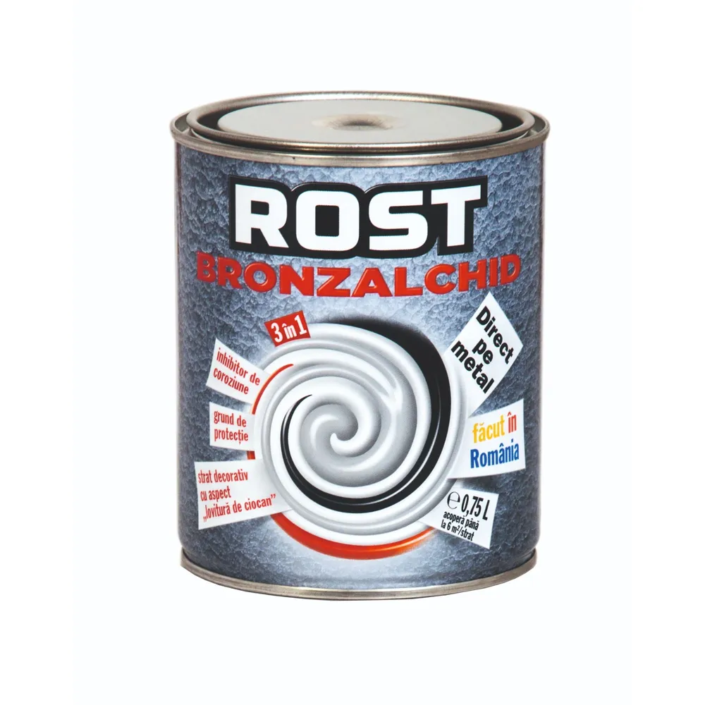 Email pe baza de solvent Rost, pentru metal, 3 in 1, maro, aspect lovitura de ciocan, 0.75 L