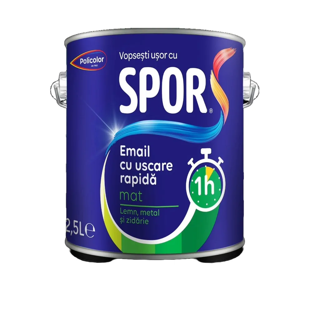 Email pe baza de solvent Spor Uscare Rapida, pentru lemn si metal, negru, aspect mat, 2.5 L