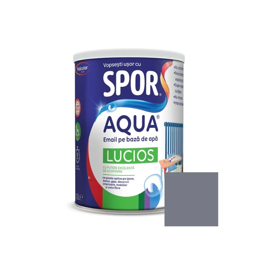 Email pentru lemn / metal, Spor Aqua lucios, interior / exterior, pe baza de apa, gri zinc, 0.6 L