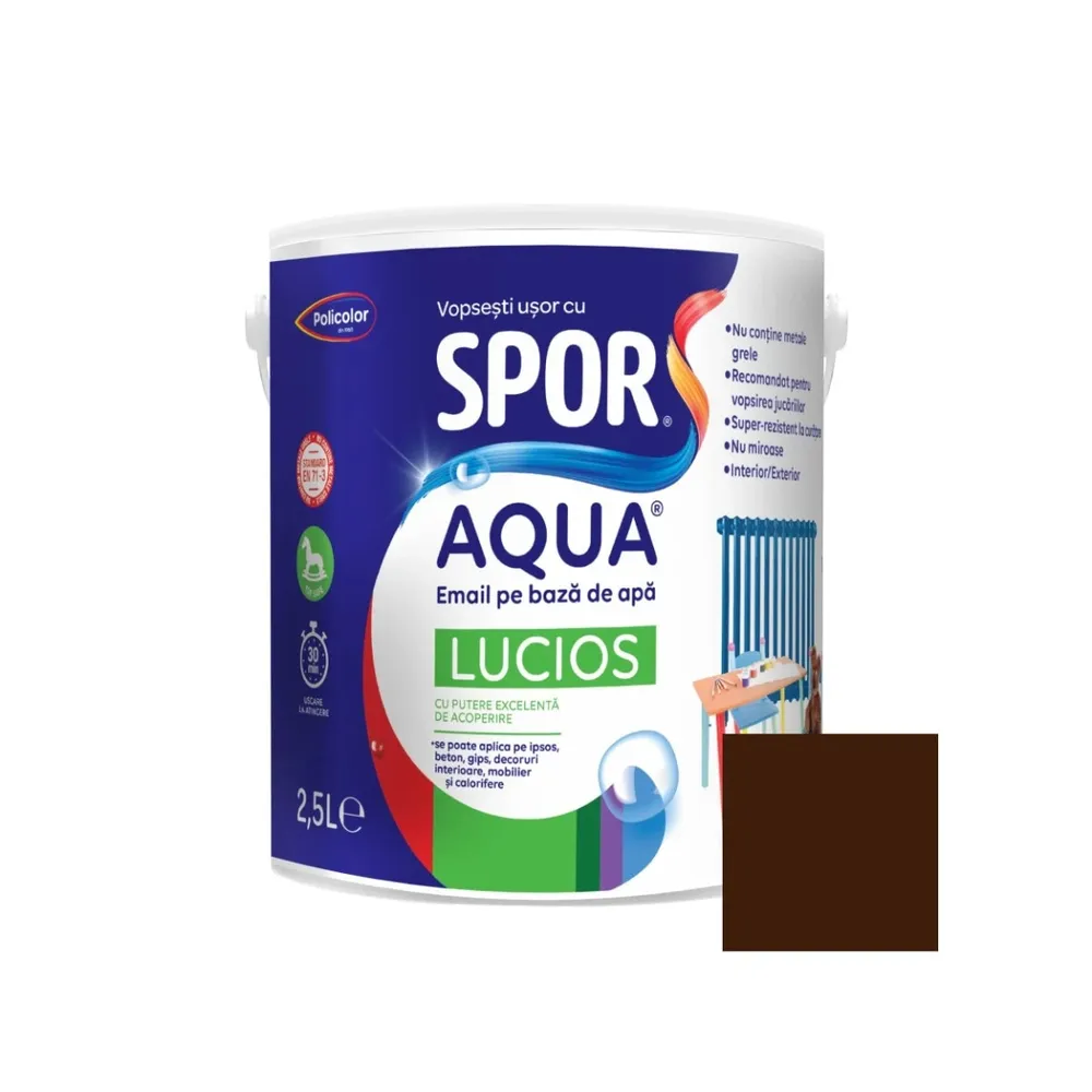 Email pentru lemn / metal, Spor Aqua lucios, interior / exterior, pe baza de apa, maro brun, 2.5 L