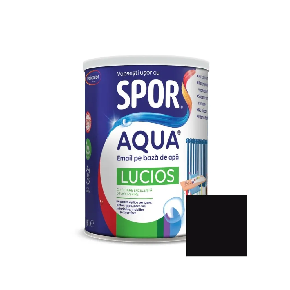Email pentru lemn / metal, Spor Aqua lucios, interior / exterior, pe baza de apa, negru, 0.6 L