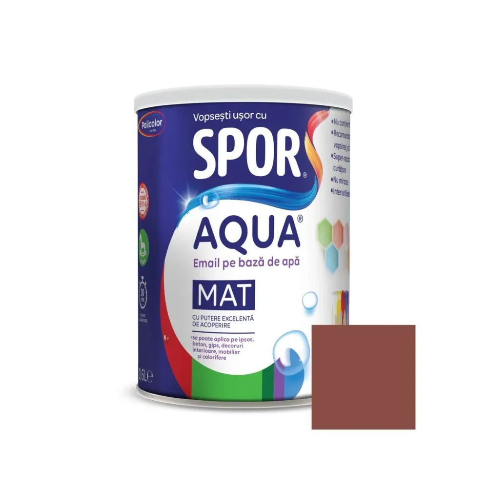 Email pentru lemn / metal, Spor Aqua mat, interior / exterior, pe baza de apa, maro castana, 0.6 L