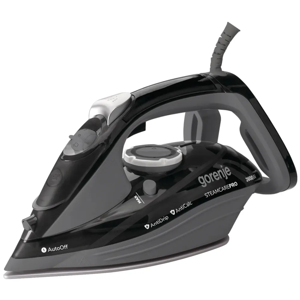 Fier de calcat Gorenje SIH2600BKG, 2600 W, talpa ceramica, 0.35 litri, 95 g/min, functie de autocuratare, functie anti-picurare, functie anti-calcar, termostat reglabil, oprire automata, negru + gri