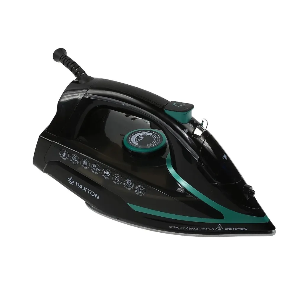 Fier de calcat, Paxton FC-3050C, 3050 W, talpa ceramica, 0.35 litri, 45 g/min, negru + turcoaz