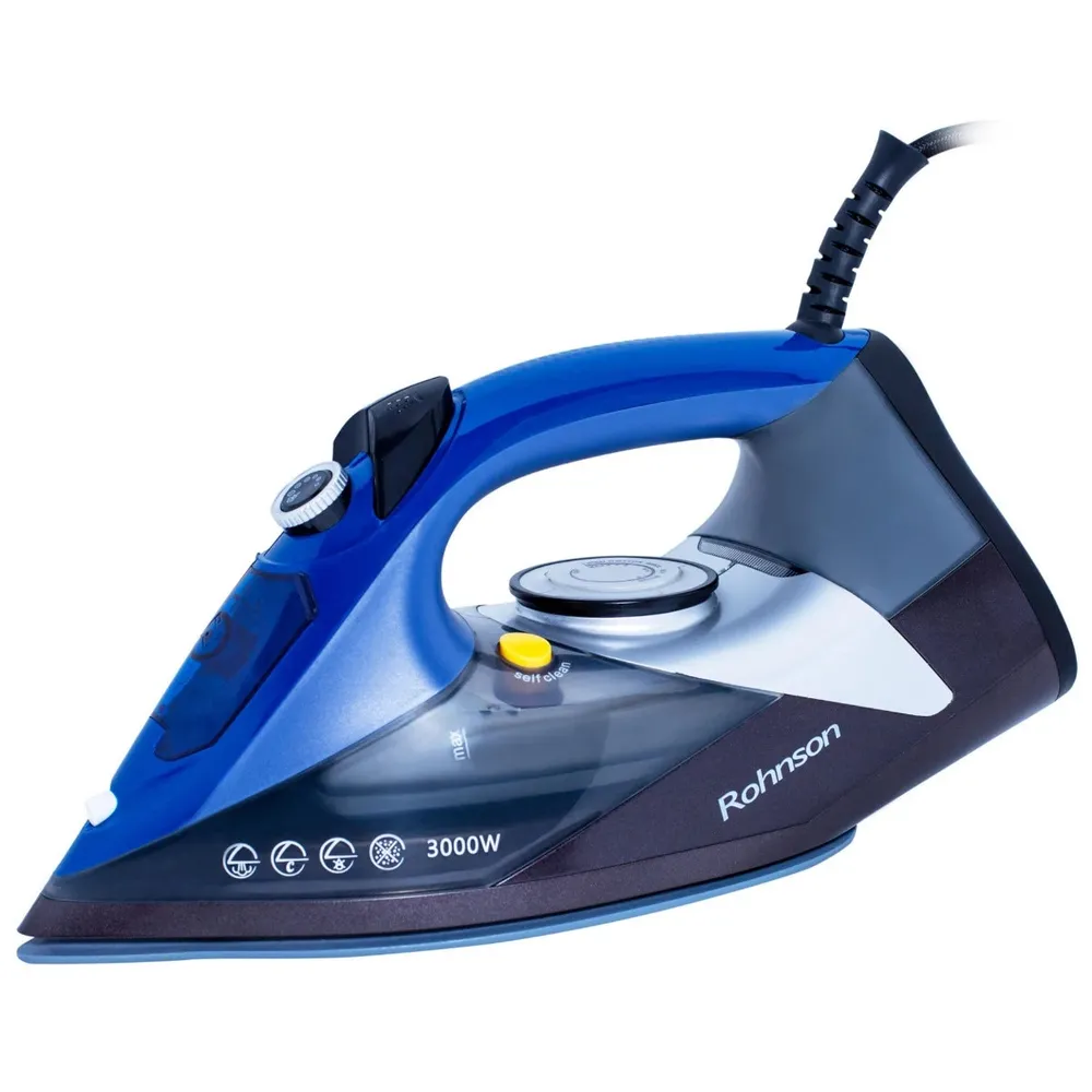 Fier de calcat Rohnson R393, 3000 W, talpa ceramica, 0.38 litri, 180 g/min, functie anti-picurare, functie anti-calcar, functie auto-curatare, functie de abur variabil, sistem de calcare pe verticala, albastru cu negru