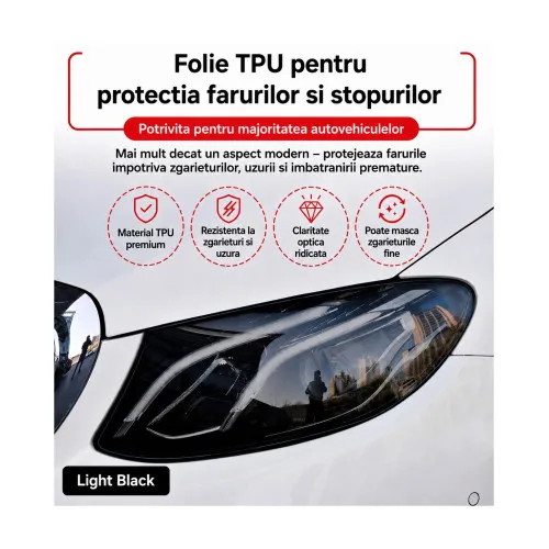Folie PPF TPU Light Black pentru faruri si stopuri 7.5 mil cu regenerare automata 60cm x 60cm