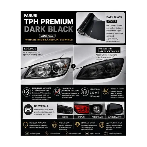 Folie protectie faruri si stopuri TPH Premium Dark Black 30% VLT cu regenerare 10m x 60cm