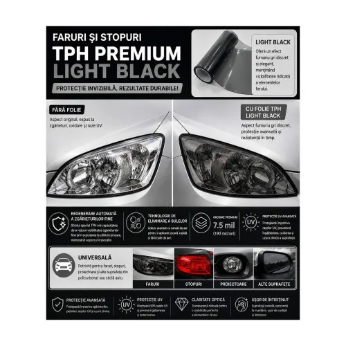 Folie protectie faruri si stopuri TPH Premium Light Black 50% VLT cu regenerare 7m x 60cm