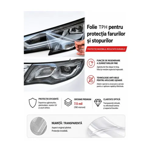Folie protectie faruri si stopuri TPH Premium transparenta cu regenerare 60cm x 60cm